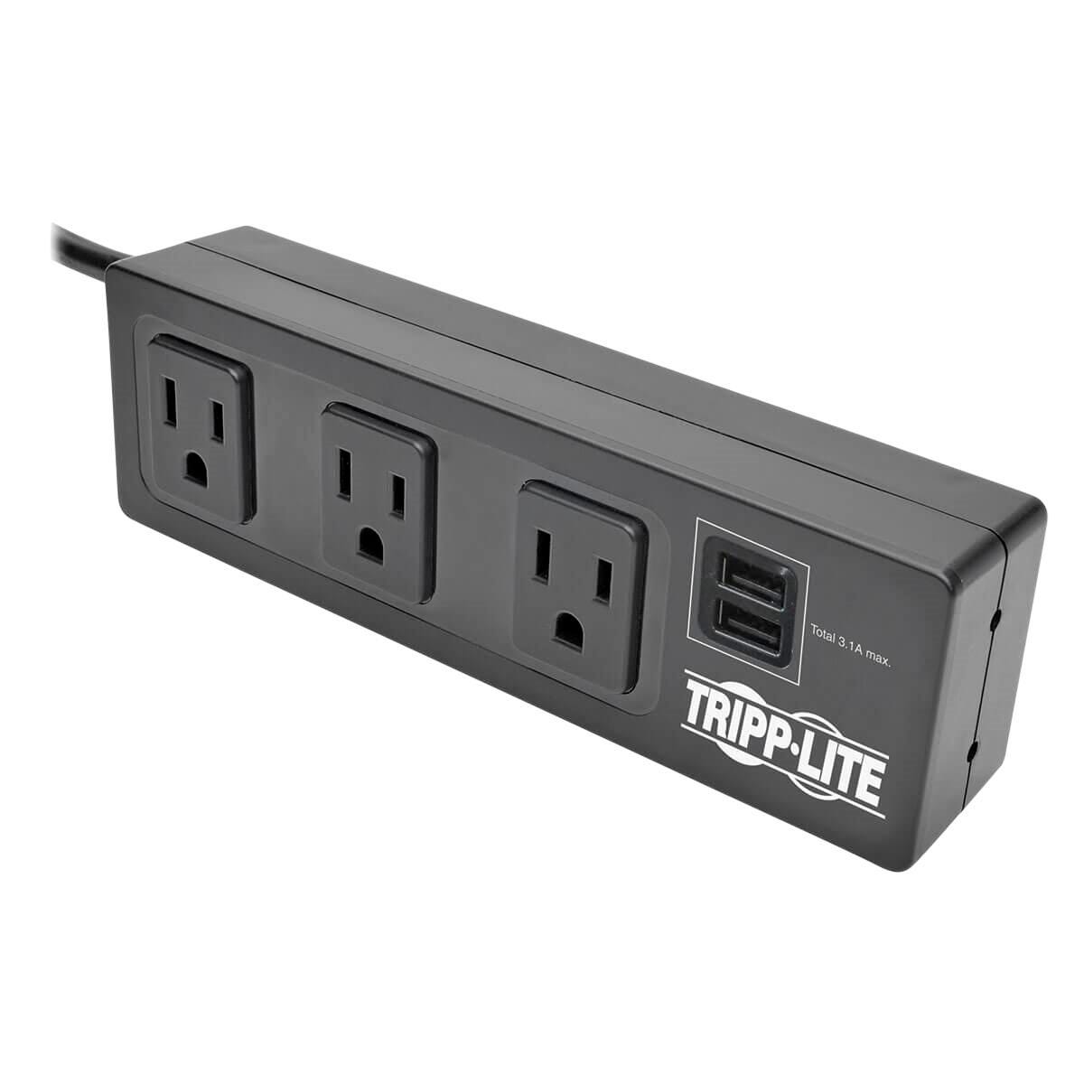 Tripp Lite 3-Outlet Surge Protector with Mounting Brackets, 10 Foot Cord, 2 USB Charging Ports, Black 2136068